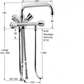 Spültheken-Einlochbatterie 1/2" H 140 mm Ausladung 200 mm | Auslaufhöhe 60 mm | 2 Ventilabgänge vorne Produktbild 1 S